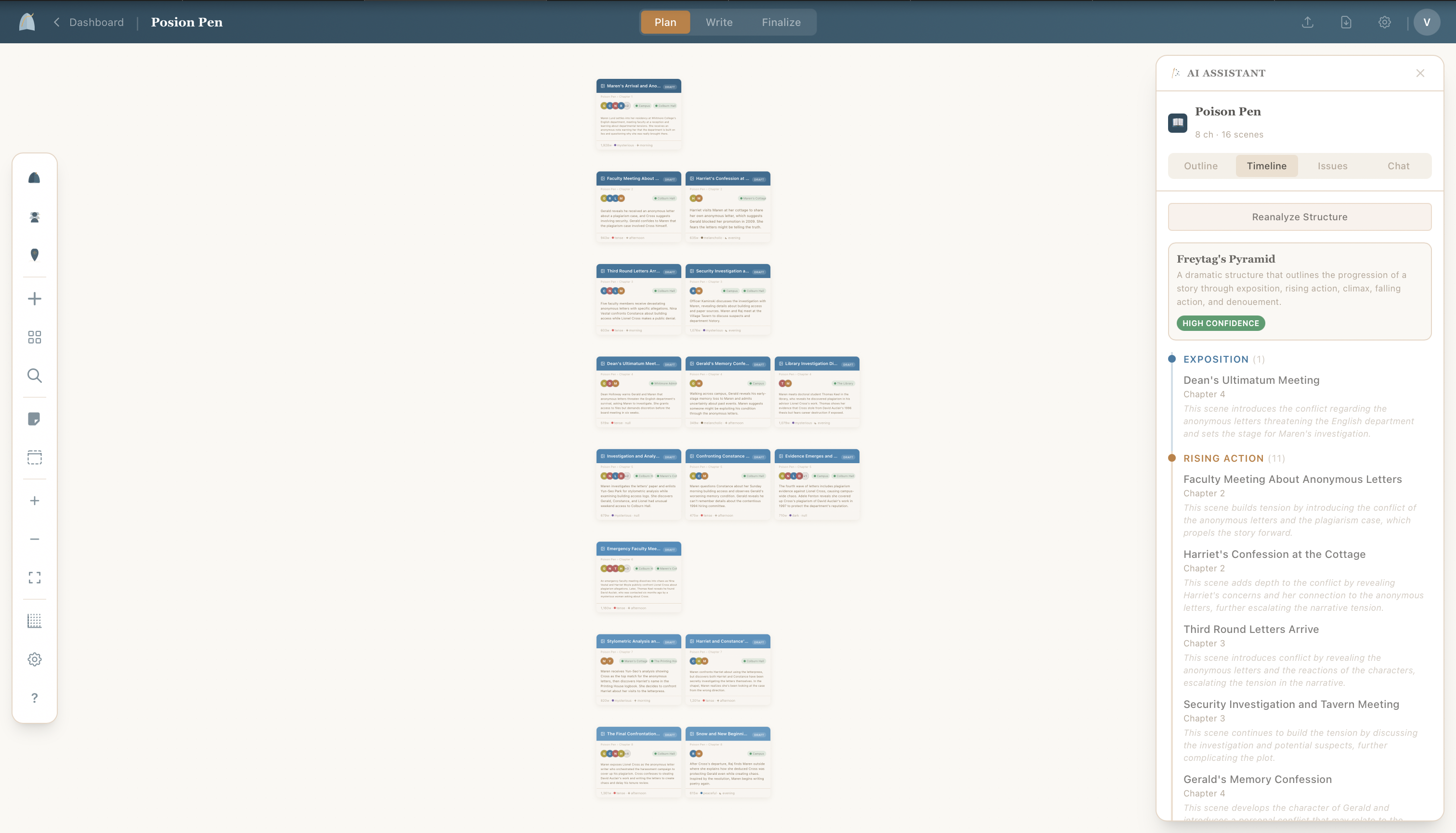 Narrovo storyboard canvas showing books, chapters, scenes, characters, and places on a visual canvas