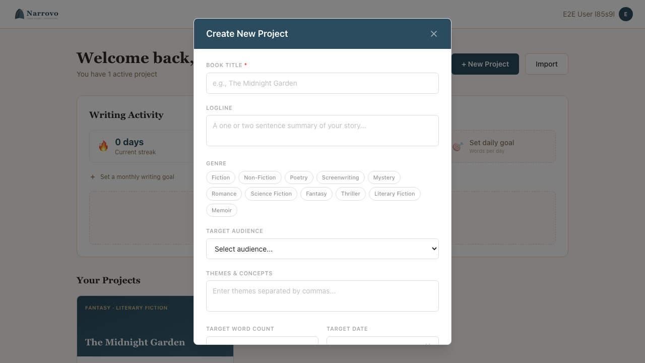 The Create Project modal with all available fields