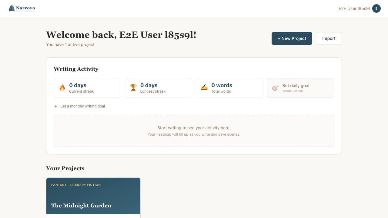 The Narrovo dashboard showing project cards with stats