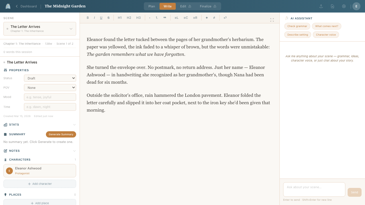 The scene editor with three-pane layout: details sidebar, writing area, and AI chat