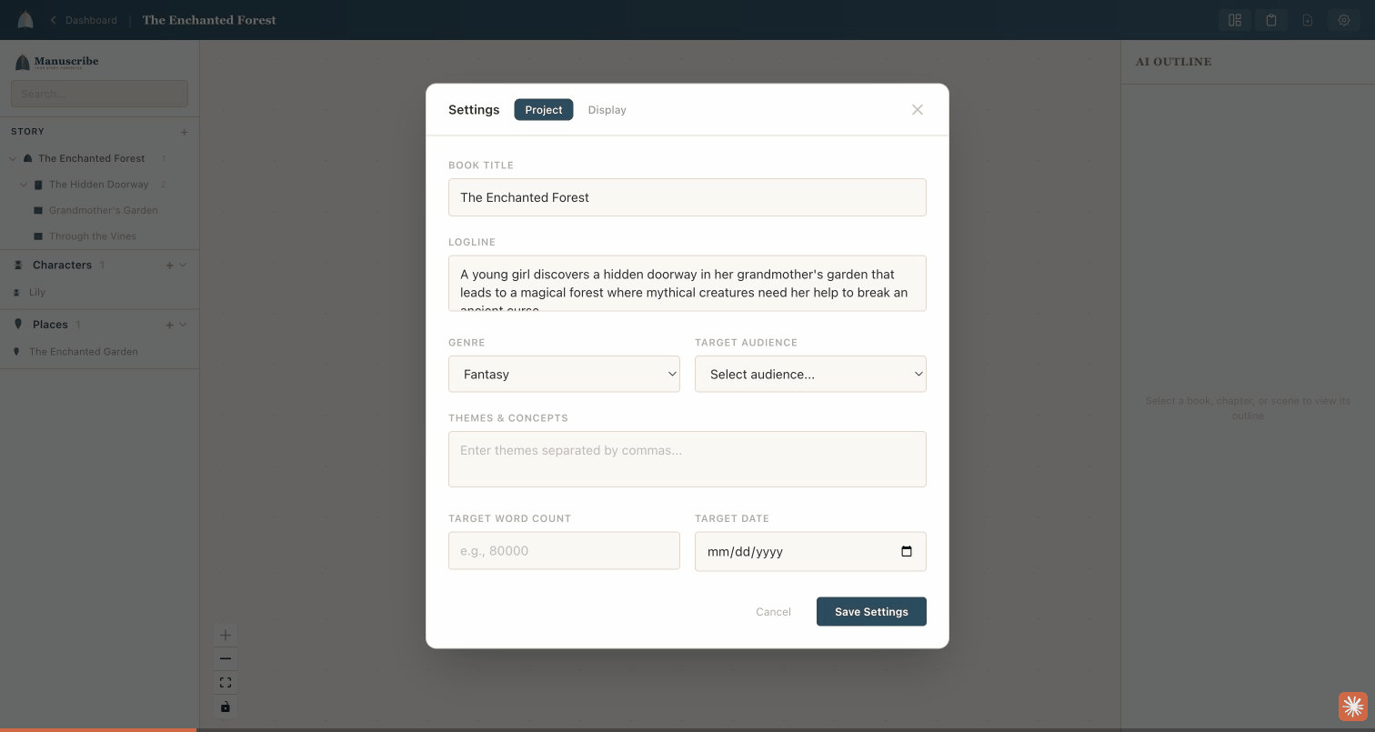 The Manuscribe dashboard showing project cards with stats, and the New Project and Import buttons