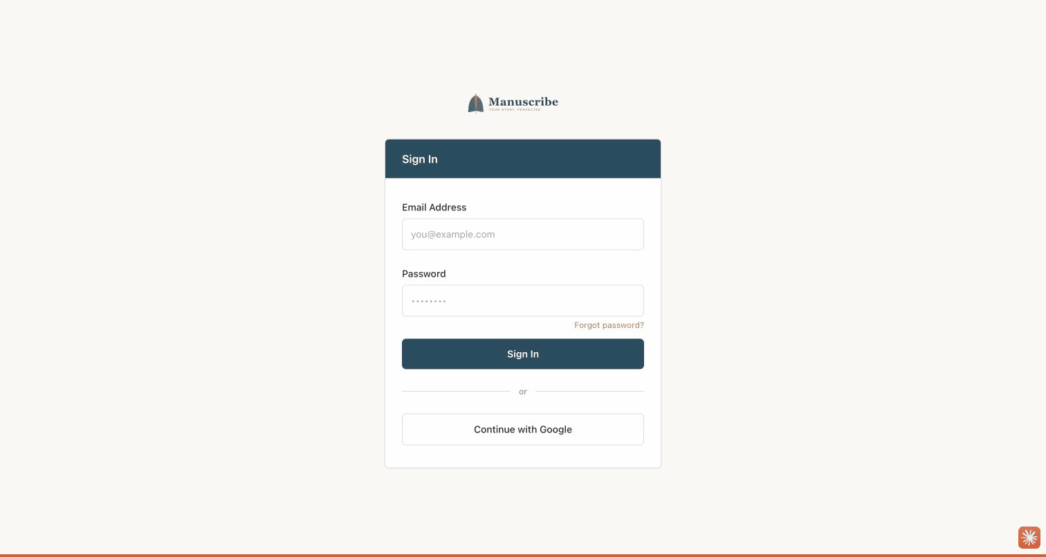The Manuscribe login page with email, password, and Google sign-in options