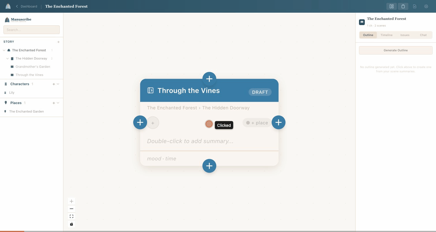 The scene editor showing three-pane layout with writing and editing modes